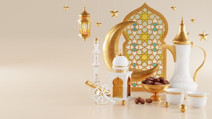 3d Ramadan Kareem with golden moon star  and lantern, mosque door islamic pattern, arabic coffee pot, date palm fruit, podium as luxury islamic background. decoration for ramadan kareem, eid mubarak.