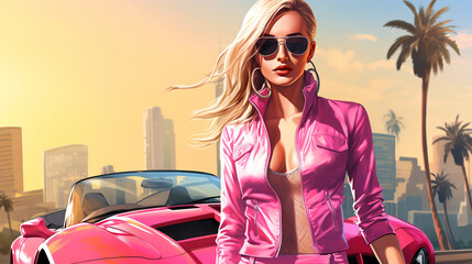 Glamorous Woman in Pink Jacket with Convertible Car