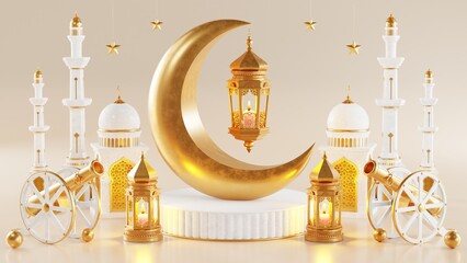 3d Ramadan Kareem with golden moon star  and lantern, mosque door islamic pattern, arabic coffee pot, date palm fruit, podium as luxury islamic background. decoration for ramadan kareem, eid mubarak. © Siam Vector