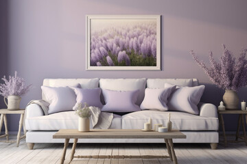 Fototapeta na wymiar French country living room with a lavender wall, an elegant empty mockup frame, and soft, romantic furnishings 8k,