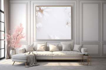 Glamorous living room with a shiny silver wall, a large blank mockup frame, and luxurious fabrics and textures 8k,