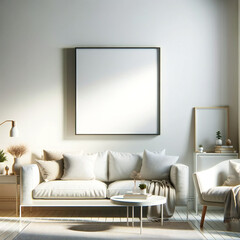 Photoframe template on a white wall in a modern cozy room