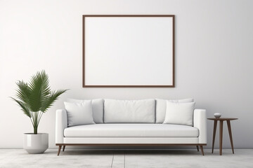 Modernist living room with a bright white wall, a minimalist blank mockup frame 8k,