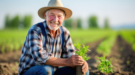 Smiling senior man farmer wearing a straw hat kneeling in a field