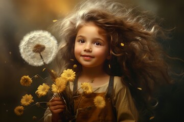 Youthful girl blowing dandelion plant. Female smile. Generate Ai