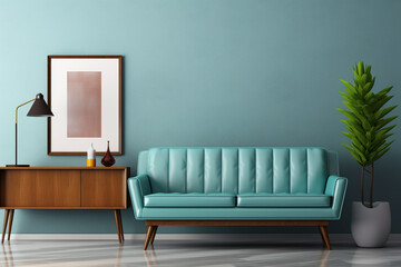 Retro living room with a teal wall, a vintage-style blank mockup frame, and mid-century modern furniture 8k,