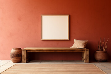 Rustic living room with a clay red wall, a simple empty mockup frame, and earthy, natural textures. 8k,