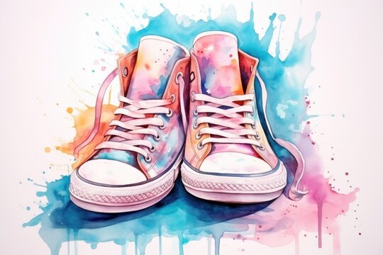 Pair of blue pink sneakers against vibrant, multicolored paint splash background. In watercolor style. Ideal for ads, posters, or youth-oriented visuals.