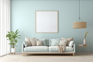 Serene living room with a pale blue wall, a calming empty mockup frame, and tranquil, soothing decor. 8k,