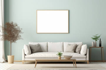 Serene living room with a pale blue wall, a calming empty mockup frame, and tranquil, soothing decor. 8k,
