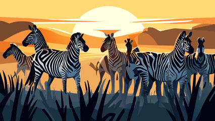 Fototapeta na wymiar A herd of wild zebras on the savannah. vektor icon illustation