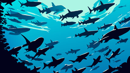 A school of hammerhead sharks. vektor icon illustation - obrazy, fototapety, plakaty