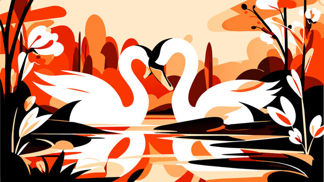 A pair of elegant swans in a pond. vektor icon illustation