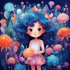 Fototapeta premium Whimsical animation of girl with flowers and glowing lights. Fantasy and magic.