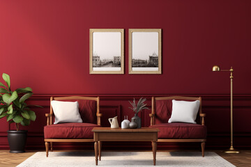 Traditional living room with a rich burgundy wall, an elegant blank mockup frame, and classic wooden furniture 8k,