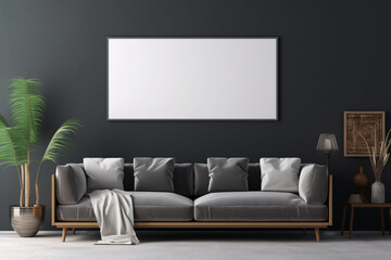 Stylish living room with a charcoal grey wall, a modern empty mockup frame, and sophisticated decor 8k,
