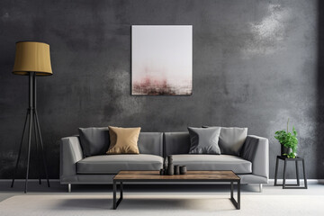 Urban living room with a slate grey wall, a contemporary blank mockup frame, and chic urban-style furnishings 8k,