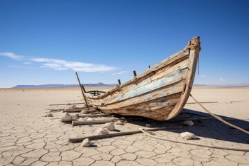 Despair in the Desert: Stranded Boat Rack Abandoned in Drought - Wooden Boat Rack Against Blue Summer Sun in Arid Landscape