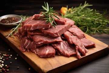  Fresh Cut Kangaroo Meat Slices on Chopping Board with Herbs. High Protein Game Meat for Healthy Diet © AIGen