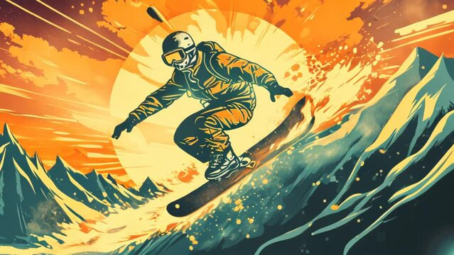 Snowboard retro style poster with sunset and burning snow animation for extreme sport advertisements