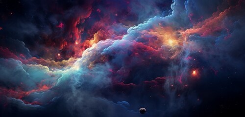 Abstract representation of exploration and discovery showcased through a cosmic voyage of swirling nebulae and celestial wonders in . - obrazy, fototapety, plakaty