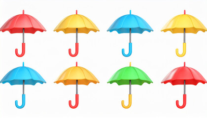 3d cartoon umbrella icons set. Different color cute plastic three dimensional vector object on white background