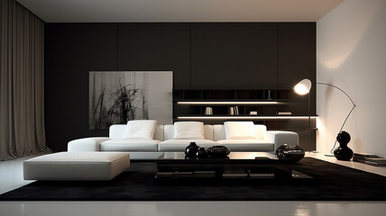 Minimalist living room with a clean wall, monochrome palette, and sleek design.