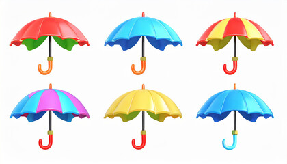 3d cartoon umbrella icons set. Different color cute plastic three dimensional vector object on...