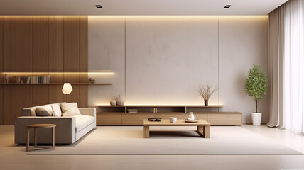 Modern living room with a large empty wall, minimalist furniture, and warm lighting.
