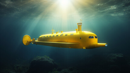 A yellow submarine floating in the ocean with a light
