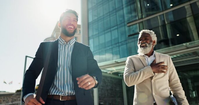 Business men, fist bump and team in street with smile, support and respect on walk to investment company. Partnership, friends and staff with hello, happy and commute on city sidewalk in Cape Town
