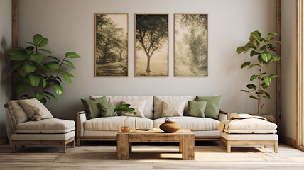 Nature-inspired living room with a blank wall, botanical prints, and organic textures.