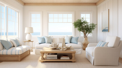 Serene coastal living room with an empty wall, light blue accents, and sandy tones.