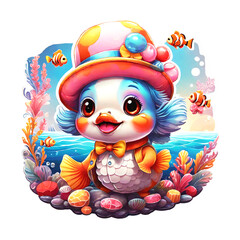 Sticker isolated cute fish wearing a pink hat  and jacket on sea nature background. Transparent background. Generative AI