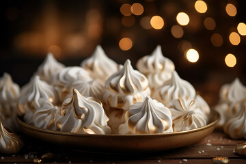 Artisanal meringues on a gold tray, a festive and luxurious dessert setting. The image is suitable for high-end bakery marketing, can be used as a backdrop for food websites.