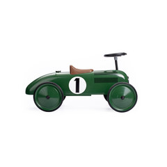 Retro race green toy car on white background	