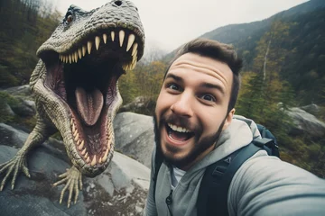 Tuinposter Shocked explorer taking selfie with ferocious dinosaur © Boraryn