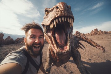 Shocked explorer taking selfie with ferocious dinosaur