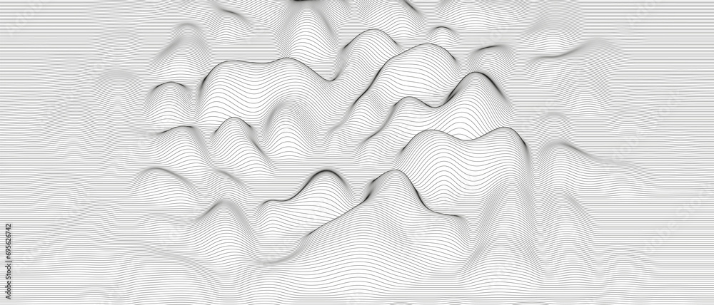 Poster abstract background with distorted line shapes on a white background. monochrome sound line waves.