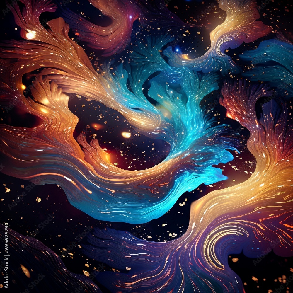 Poster an abstract digital creation with iridescent textures and cosmic swirls against a dark backdrop