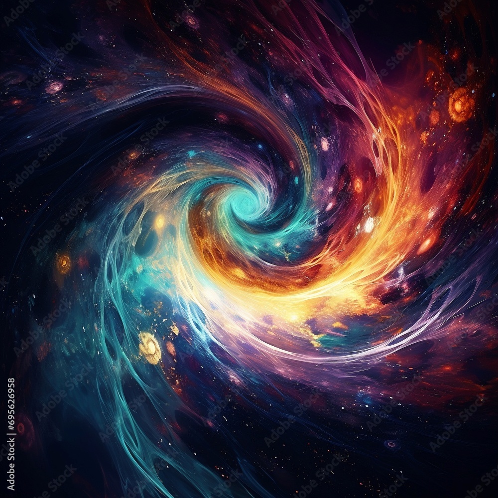 Wall mural an abstract digital creation with iridescent textures and cosmic swirls against a dark backdrop