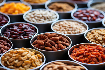nuts and dried fruits sorted in small bowls