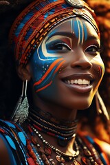 Stunning Brazilian woman with face art celebrating colorful carnival in vertical shot