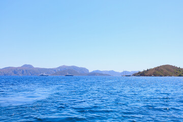 Naklejka premium Beautiful view of the open sea. Background with selective focus and copy space