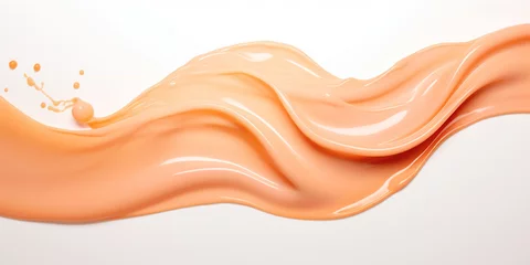 Foto auf Acrylglas Pantone 2024 Peach Fuzz A banner with peach fuzz color liquid flowing across with a white background. Splashes of paint Copy space