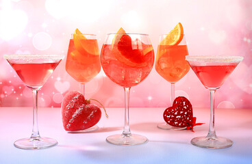 Festive alcoholic cocktail Aperol spritz and red martini in glasses and love hearts, bar concept and valentine's day, alcoholic drinks at party, restaurant advertising,