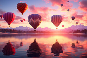 Obraz premium Heart-shaped hot air balloons floating against a vibrant sunset sky, creating a romantic atmosphere for Valentine's Day celebrations. Generative Ai.