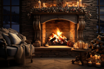 A cozy fireplace surrounded by celestial-themed decorations, providing a warm and enchanting setting for a romantic evening. Generative Ai.