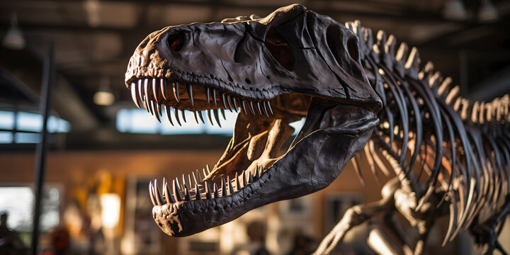 T Rex dinosaur skeleton in a museum	
