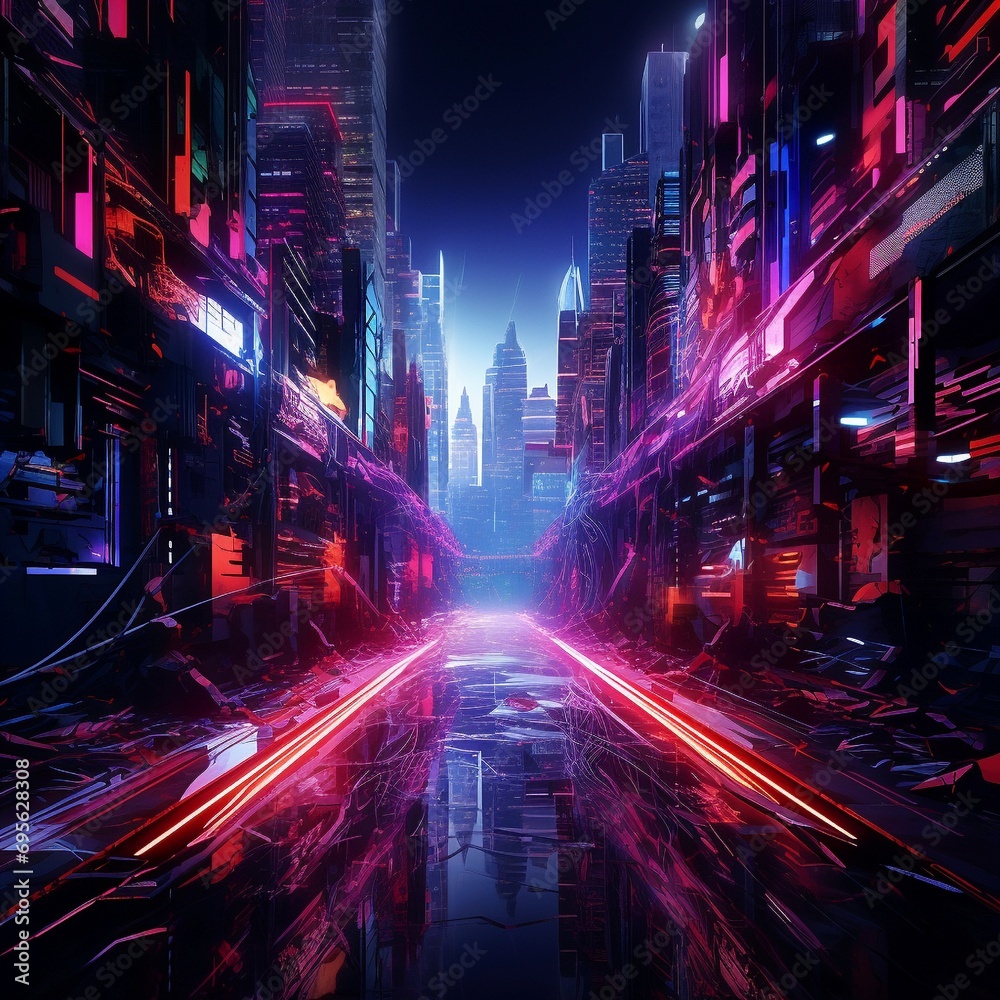 Poster an intricate digital abstract composition featuring a fusion of neon lights and fluid lines against 